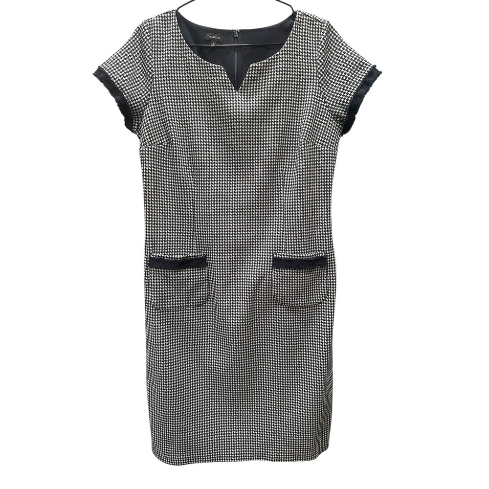 Talbots Navy White Houndstooth Sheath Ponte Dress Short Sleeves Cotton Size 8